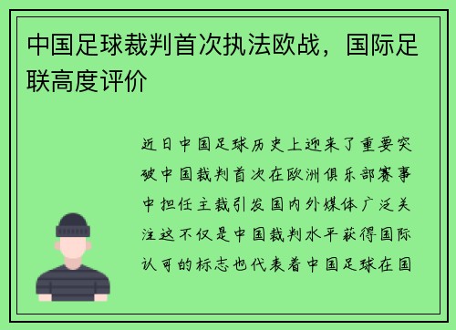 中国足球裁判首次执法欧战，国际足联高度评价